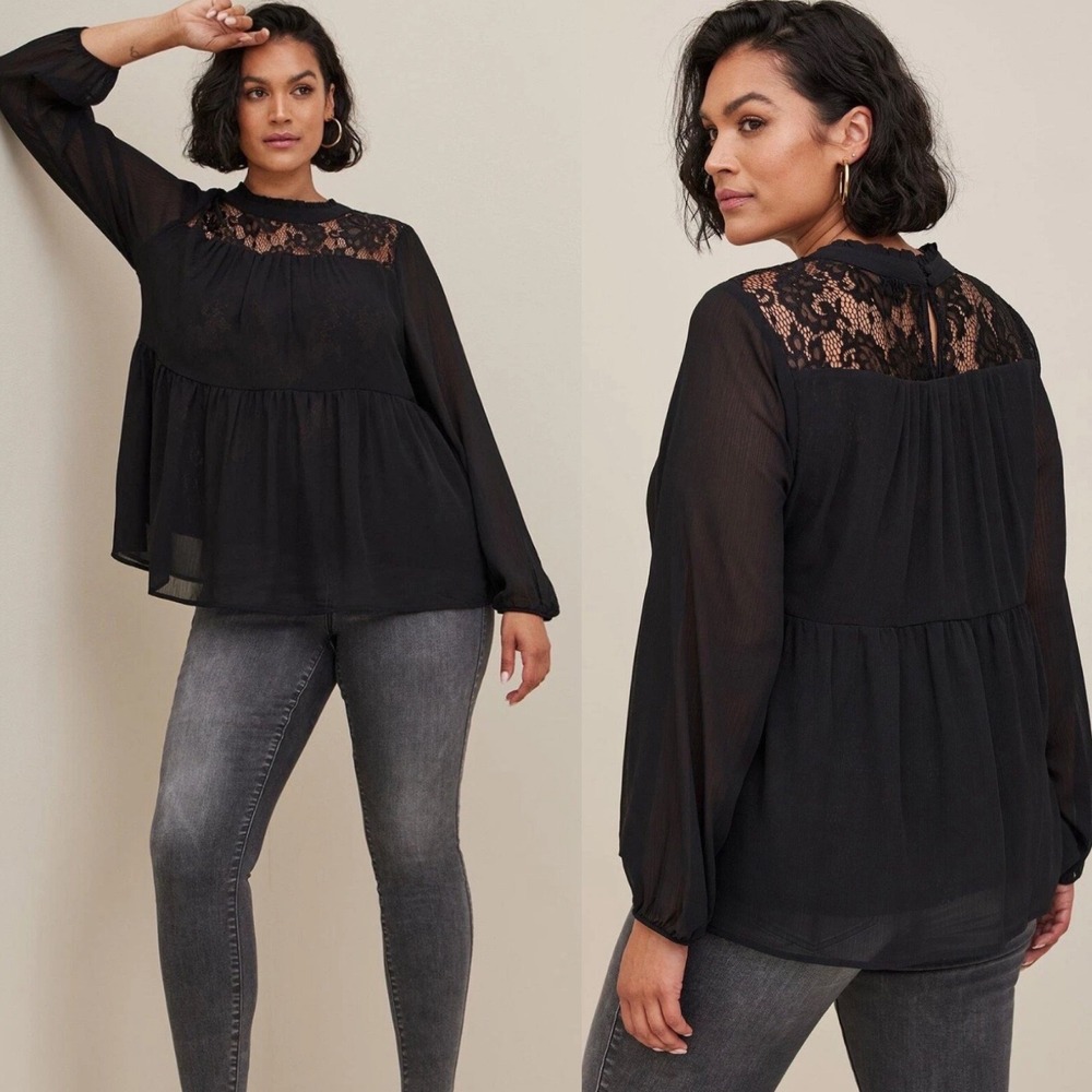 Torrid Black Lace Chiffon Overlay Blouse Size 5 5X Mock Neck Babydoll Top